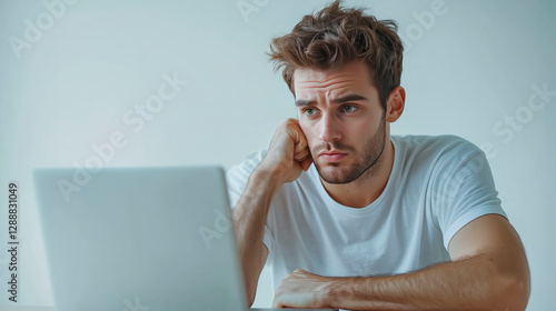 young man looking at laptop with thoughtful expressiion, his cheek resting on fist
