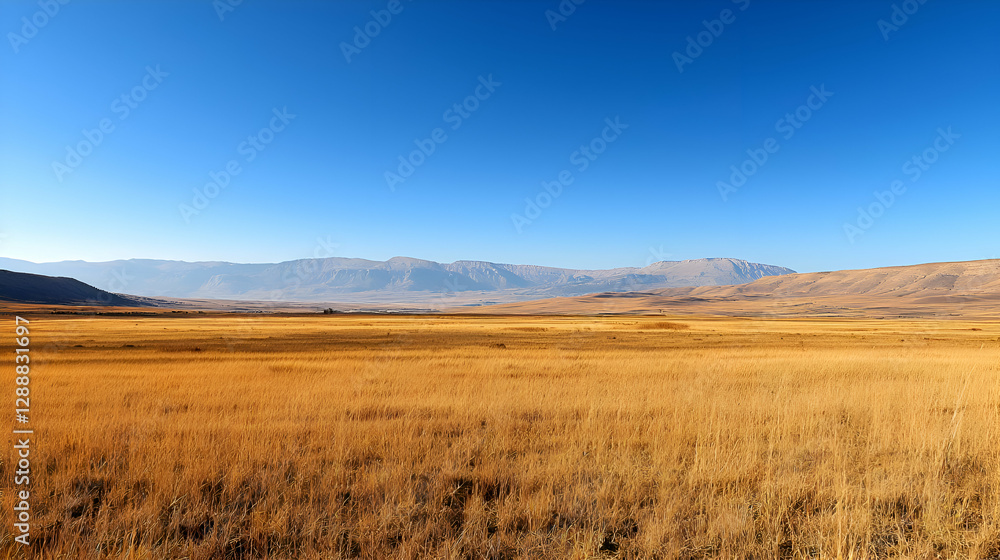 Fototapeta premium Vast Golden Field Under a Clear Blue Sky and Distant Mountains