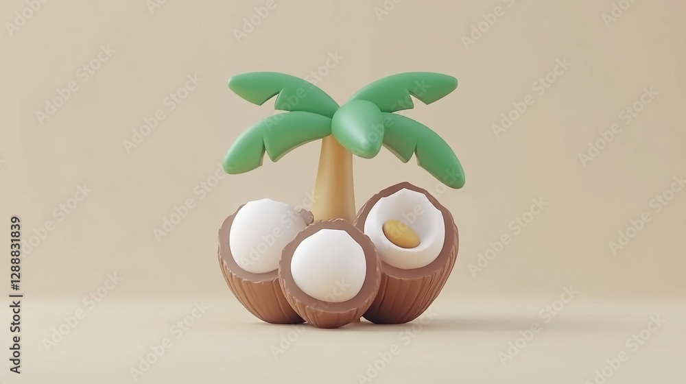 3D Render Coconuts, Palm, Beige Background, Tropical 3D Render Coconuts, Palm, Beige Background, Tropical