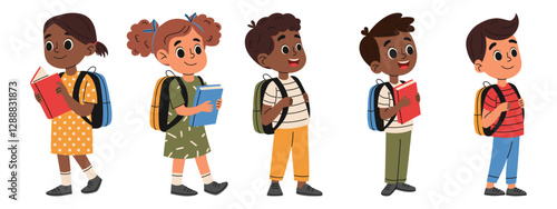 Set of school kids with backpacks and books. Elementary school children. Back to school concept. Hand drawn illustration