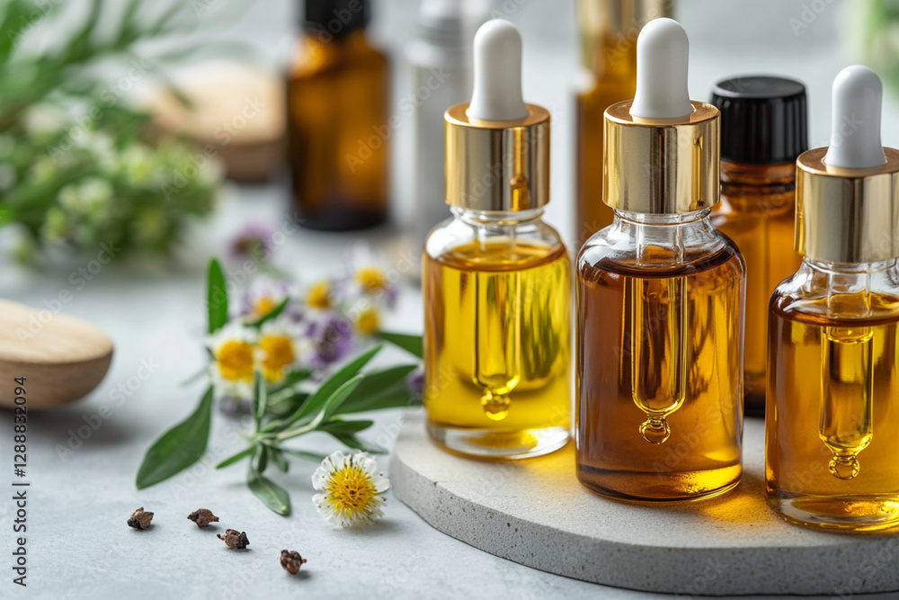 Stylish cosmetic composition with bottles of oils and serums Stylish cosmetic composition with bottles of oils and serums