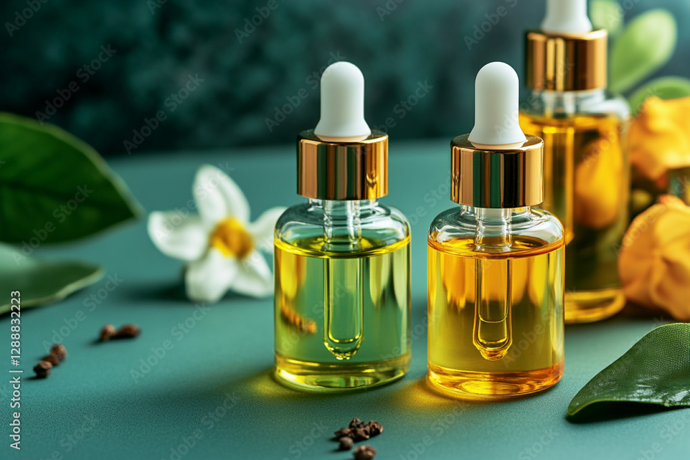 Stylish cosmetic composition with bottles of oils and serums Stylish cosmetic composition with bottles of oils and serums