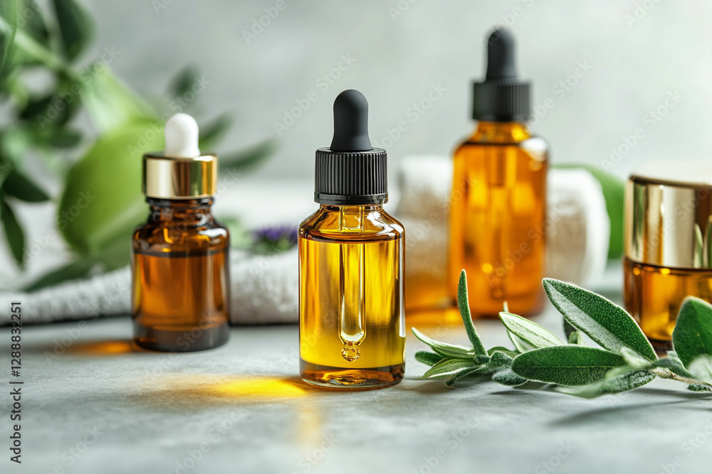 Stylish cosmetic composition with bottles of oils and serums Stylish cosmetic composition with bottles of oils and serums