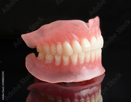 Full denture dentures on black.