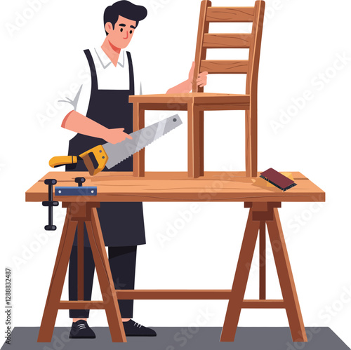 Craftsman using a saw to build a wooden chair at a workbench