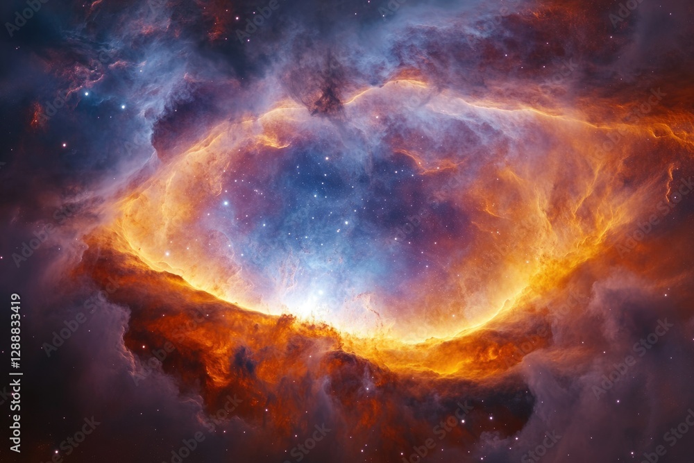 Fototapeta premium A vibrant nebula glows with fiery orange and cool blue hues, a celestial spectacle of cosmic dust and gas.