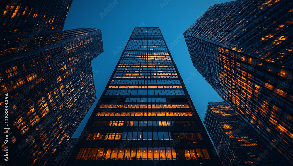custom made wallpaper toronto digitallow angle view of tall glass skyscraper surrounded by modern buildings, illuminated windows glowing against twilight sky. scene conveys sense of urban sophistication and architectural beauty