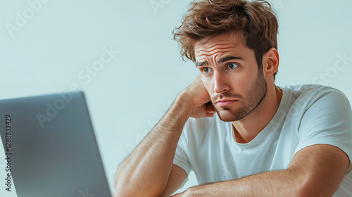 young man looking at laptop with suprised expressiion, his cheek resting on fist