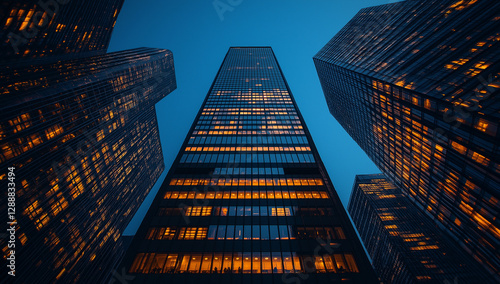Wallpaper Mural low angle view of tall glass skyscraper surrounded by modern buildings, illuminated windows glowing against twilight sky. scene conveys sense of urban sophistication and architectural beauty Torontodigital.ca