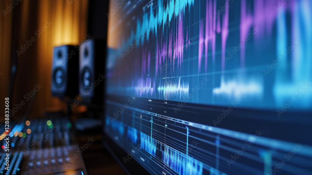 Computer screen displaying an audio editing program with visual sound waves from a vocal recording session Computer screen displaying an audio editing program with visual sound waves from a vocal recording session