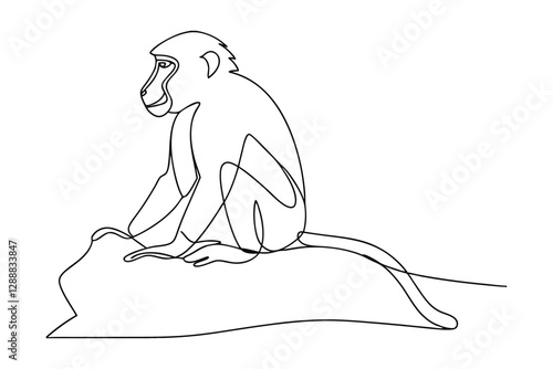 Elegant Line Art Drawing of a Sitting Baboon Monkey