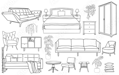 Collection of elegant modern furniture and home interior decorations of trendy Mid Century modern retro 70s t style hand drawn black sketch on white background. Monochrome vector illustration.