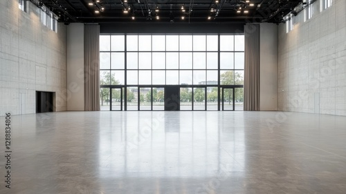 Modern event hall interior, large window, city view, empty space