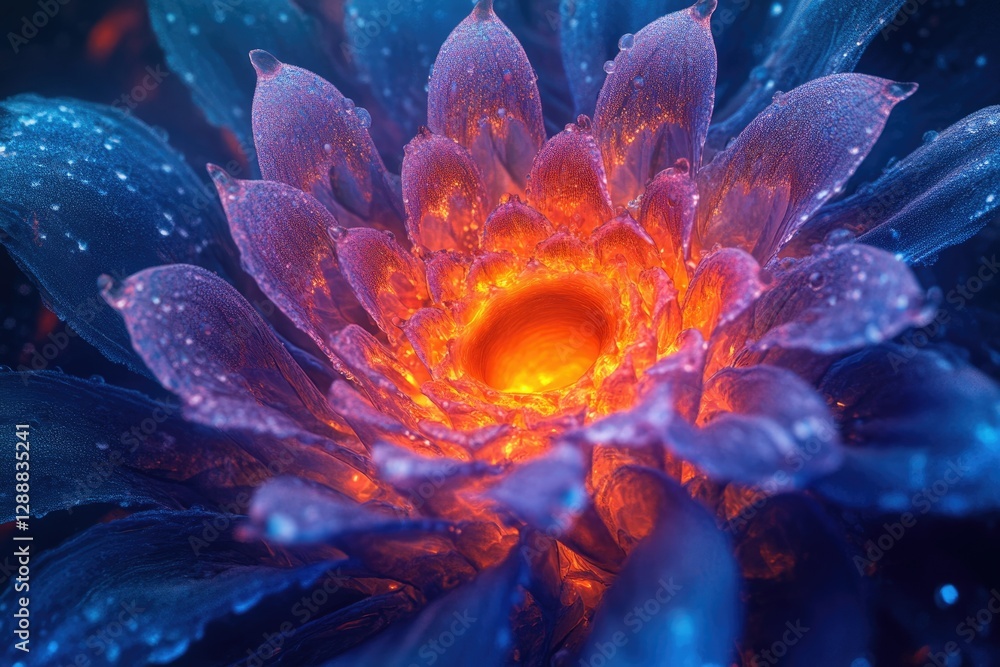 A vibrant, surreal flower with glowing orange center and blue petals, covered in glistening dew drops. A vibrant, surreal flower with glowing orange center and blue petals, covered in glistening dew drops.