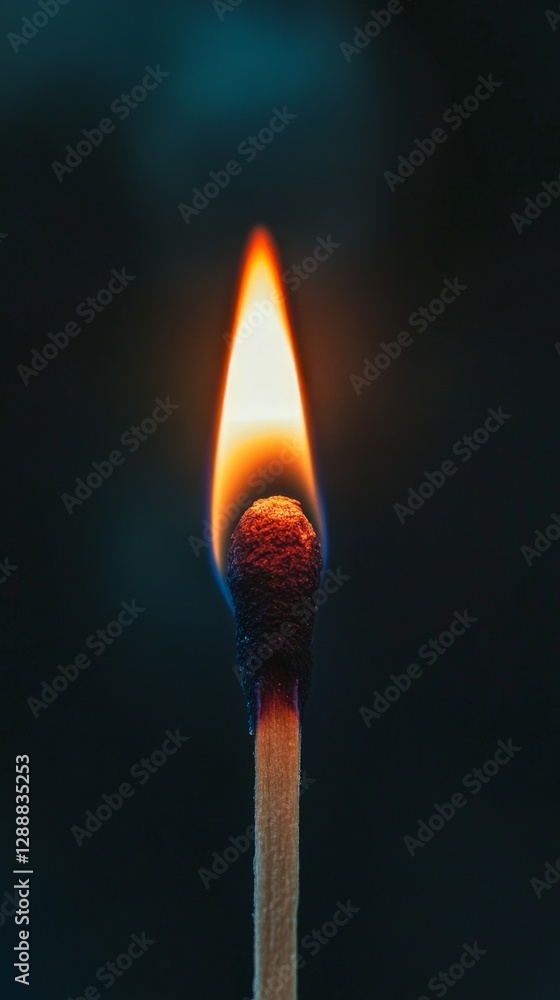 Close-up of a lit matchstick with a bright flame on a dark background Close-up of a lit matchstick with a bright flame on a dark background