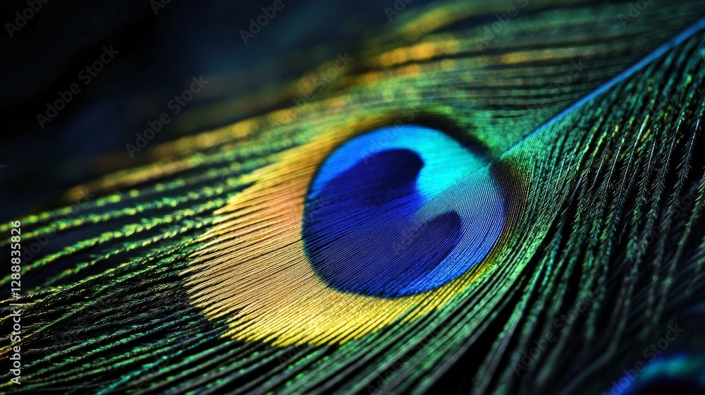 Naklejka premium Close-up of a vibrant peacock feather with iridescent colors and eye pattern