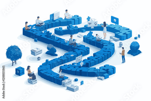 Conceptual illustration of a blue dollar sign pathway with people working and interacting in a business environment on a white background