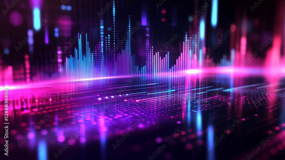 Digital sound wave equalizer concept with neon-colored light frequencies, representing music and technology Digital sound wave equalizer concept with neon-colored light frequencies, representing music and technology