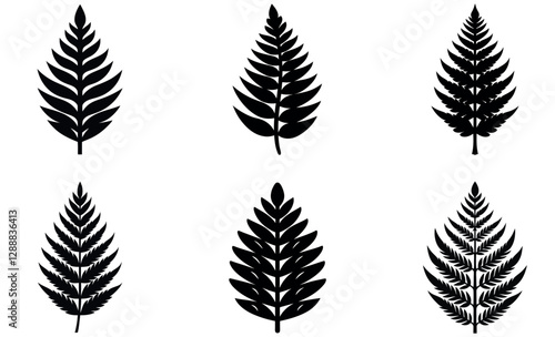 Six distinct, black silhouettes of fern leaves against a white background.