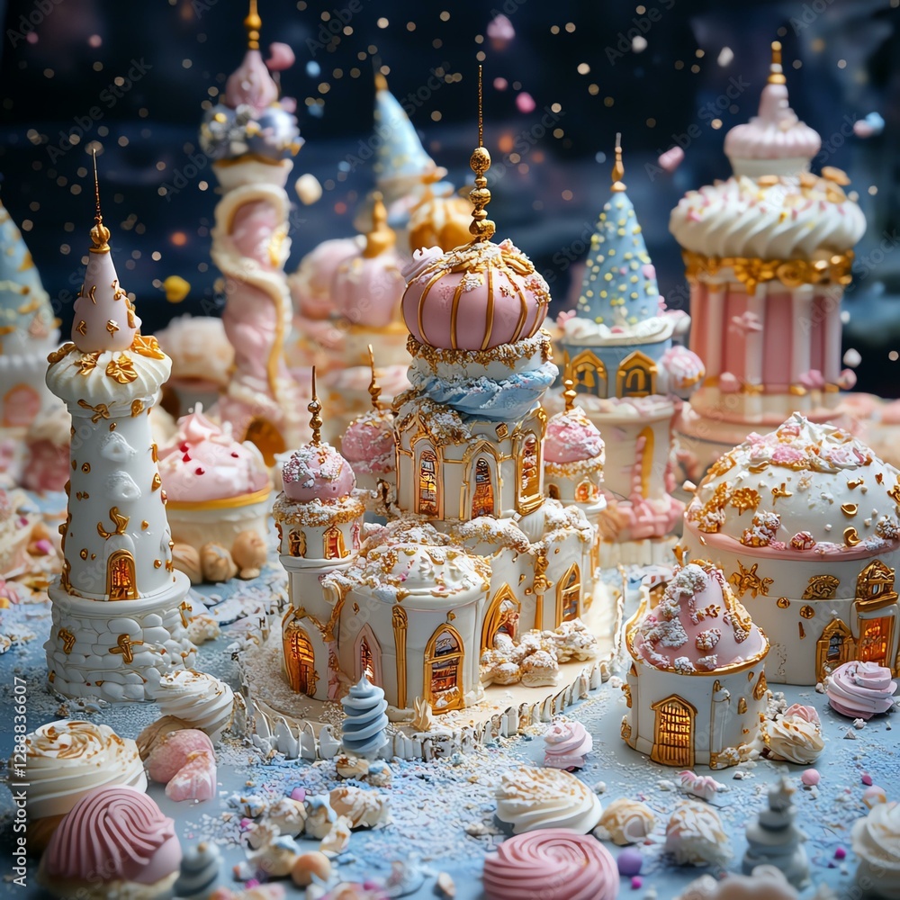 Naklejka premium fantasy dessert art, fairytale bakery, artistic pastry design Beautifully crafted candy castle display.