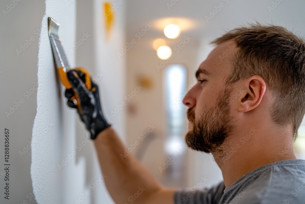 A focused man carefully applies paint to a wall using a brush, showcasing his attention to detail and skill in home renovation. The serene environment enhances his concentration. A focused man carefully applies paint to a wall using a brush, showcasing his attention to detail and skill in home renovation. The serene environment enhances his concentration.