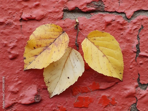 Autumn leaves on red wall