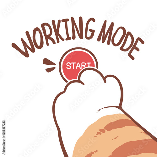 Digital illustration of a cat's paw pressing a button that says "working mode"