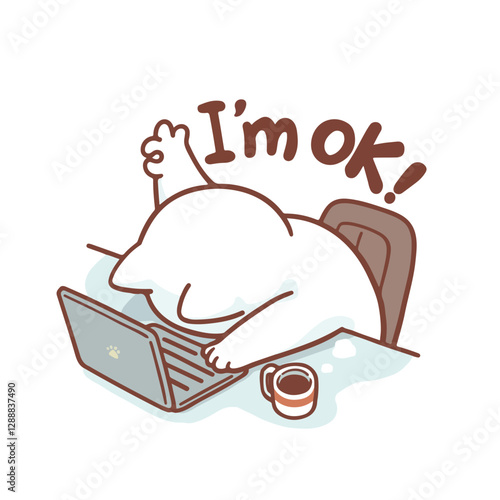 A tired white cartoon cat slumps over a laptop, face down on the keyboard, with one paw giving a thumbs-up. Above it, the phrase "I'm OK!" humorously contradicts the exhausted posture.
