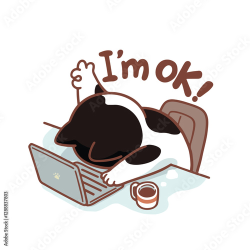 A tired black and white cartoon cat slumps over a laptop, face down on the keyboard, with one paw giving a thumbs-up. Above it, the phrase "I'm OK!" humorously contradicts the exhausted posture.
