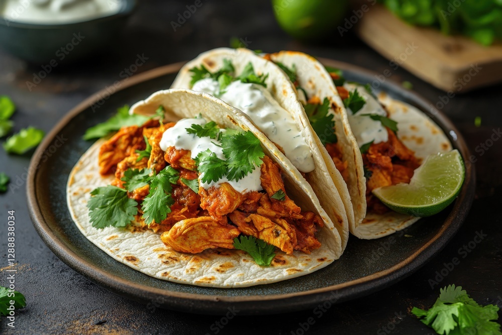 Three flavorful tacos filled with savory shredded chicken, topped with creamy sauce and fresh cilantro, on a rustic plate. Three flavorful tacos filled with savory shredded chicken, topped with creamy sauce and fresh cilantro, on a rustic plate.