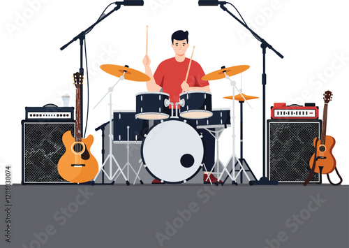 Drummer performing energetically on stage with guitars and amplifiers in background