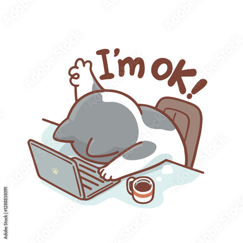 A tired gray cartoon cat slumps over a laptop, face down on the keyboard, with one paw giving a thumbs-up. Above it, the phrase "I'm OK!" humorously contradicts the exhausted posture.
