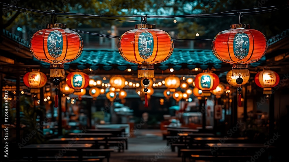 Obraz premium Illuminated Asian restaurant courtyard at night. Stock photo for travel websites.