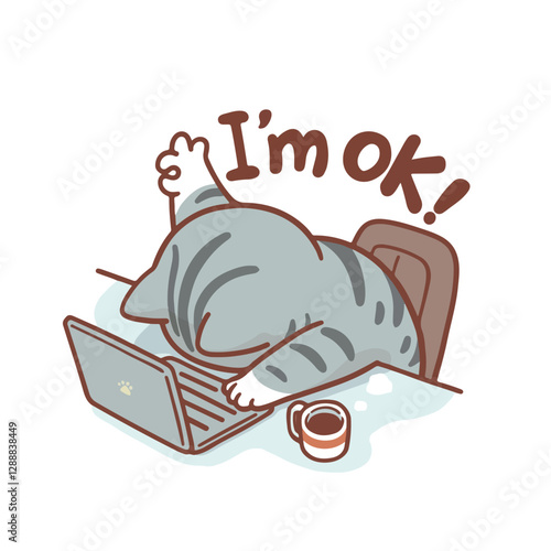 A tired gray cartoon cat slumps over a laptop, face down on the keyboard, with one paw giving a thumbs-up. Above it, the phrase "I'm OK!" humorously contradicts the exhausted posture.
