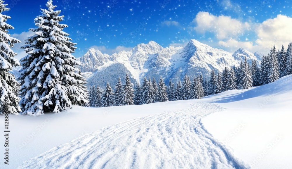 Snowy mountain landscape with footprints in the snow, pine trees covered in snow, and a clear blue sky with snowflakes. Winter wonderland scene Snowy mountain landscape with footprints in the snow, pine trees covered in snow, and a clear blue sky with snowflakes. Winter wonderland scene