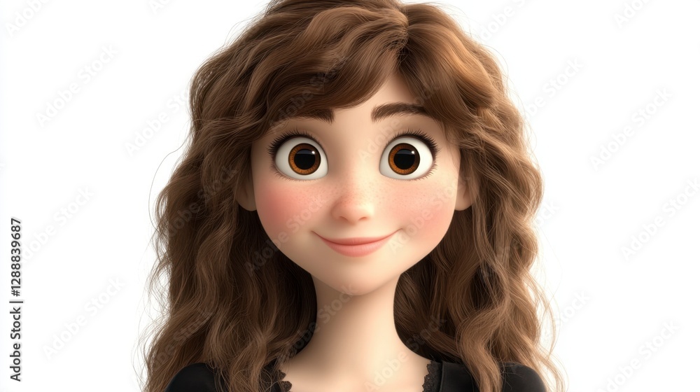 Close up portrait of a young woman with brown curly hair, big brown eyes, and rosy cheeks. She has a pleasant expression. The background is plain Close up portrait of a young woman with brown curly hair, big brown eyes, and rosy cheeks. She has a pleasant expression. The background is plain