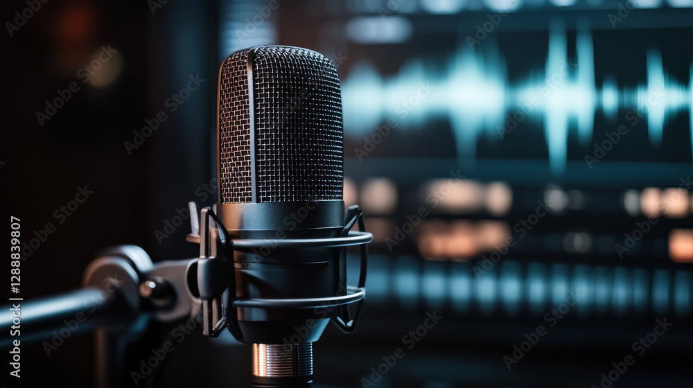 Professional recording studio microphone accompanied by a white audio waveform, ideal for podcast or broadcast production with space for text Professional recording studio microphone accompanied by a white audio waveform, ideal for podcast or broadcast production with space for text