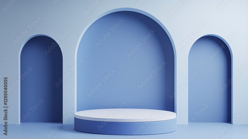 A minimalist modern cylinder pedestal podium set. In an abstract geometric design room. Blue color, 3d render, mockup, platform. A minimalist modern cylinder pedestal podium set. In an abstract geometric design room. Blue color, 3d render, mockup, platform.