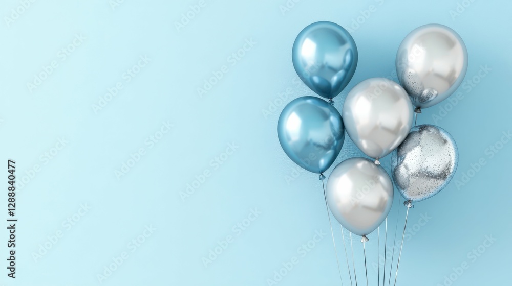 Blue And Silver Balloons. 3D Render Illustration of Glossy Helium Balloons for Celebration Decorations Blue And Silver Balloons. 3D Render Illustration of Glossy Helium Balloons for Celebration Decorations