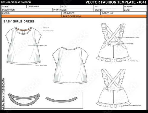 BABY GIRLS DUNGAREE SKETCH FASHION TEMPLATE TECHNICAL DRAWING ILLUSTRATION
