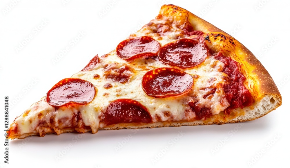 A single slice of pepperoni pizza against a white background. The pizza is slightly tilted, showing the melted cheese and pepperoni slices. The crust A single slice of pepperoni pizza against a white background. The pizza is slightly tilted, showing the melted cheese and pepperoni slices. The crust