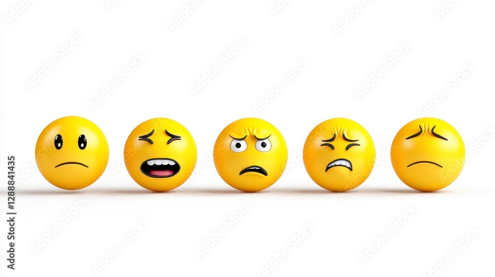 Five Yellow 3D Emoticons Showing Negative Emotions on White Background Five Yellow 3D Emoticons Showing Negative Emotions on White Background