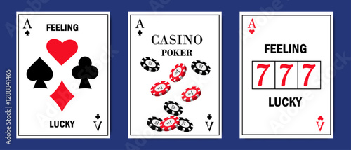 Stylized playing cards featuring casino symbols, poker chips, and lucky sevens on a dark blue background.