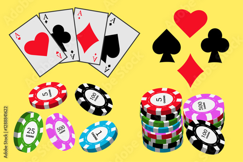 Casino set with playing cards and colorful poker chips on yellow background