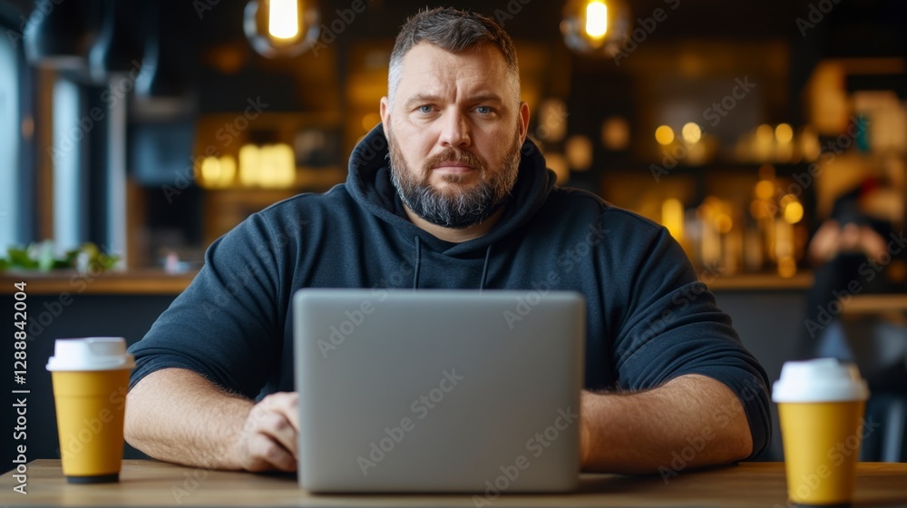 Serious man with beard using laptop in cafe, two disposable coffee cups on table. Warm lighting, dark clothing, blurred background. 