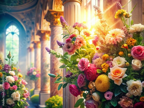 Bright Floral Glow: Architectural Background with Natural Light and Blooming Flowers