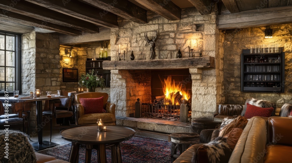 A stone fireplace with a roaring fire burning inside A stone fireplace with a roaring fire burning inside