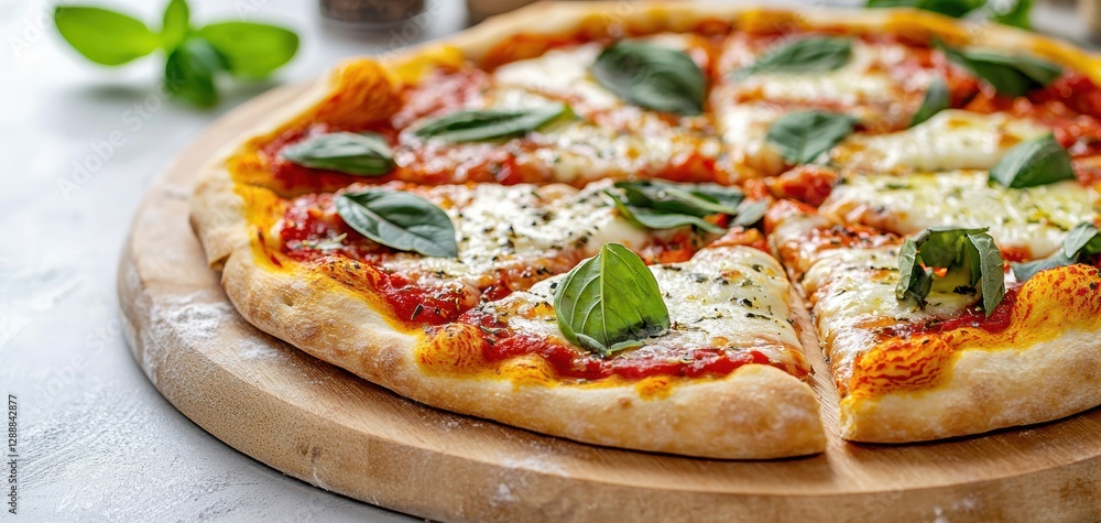 Closeup of homemade Margherita pizza with a perfectly baked crust, fresh toppings, and a cozy kitchen backdrop with herbs and spices Closeup of homemade Margherita pizza with a perfectly baked crust, fresh toppings, and a cozy kitchen backdrop with herbs and spices