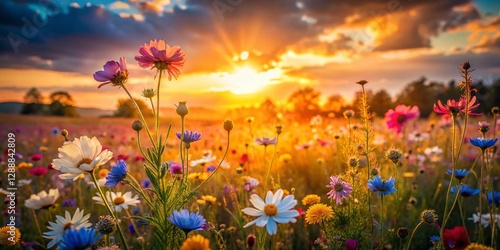 Serene Sunset: Warm Light Bathes Vibrant Flower Meadow