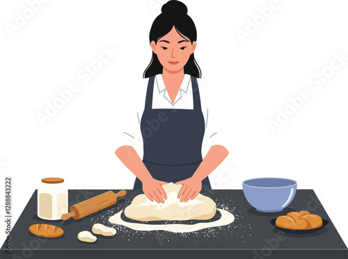 Woman baking in a kitchen, kneading dough on a countertop with various utensils